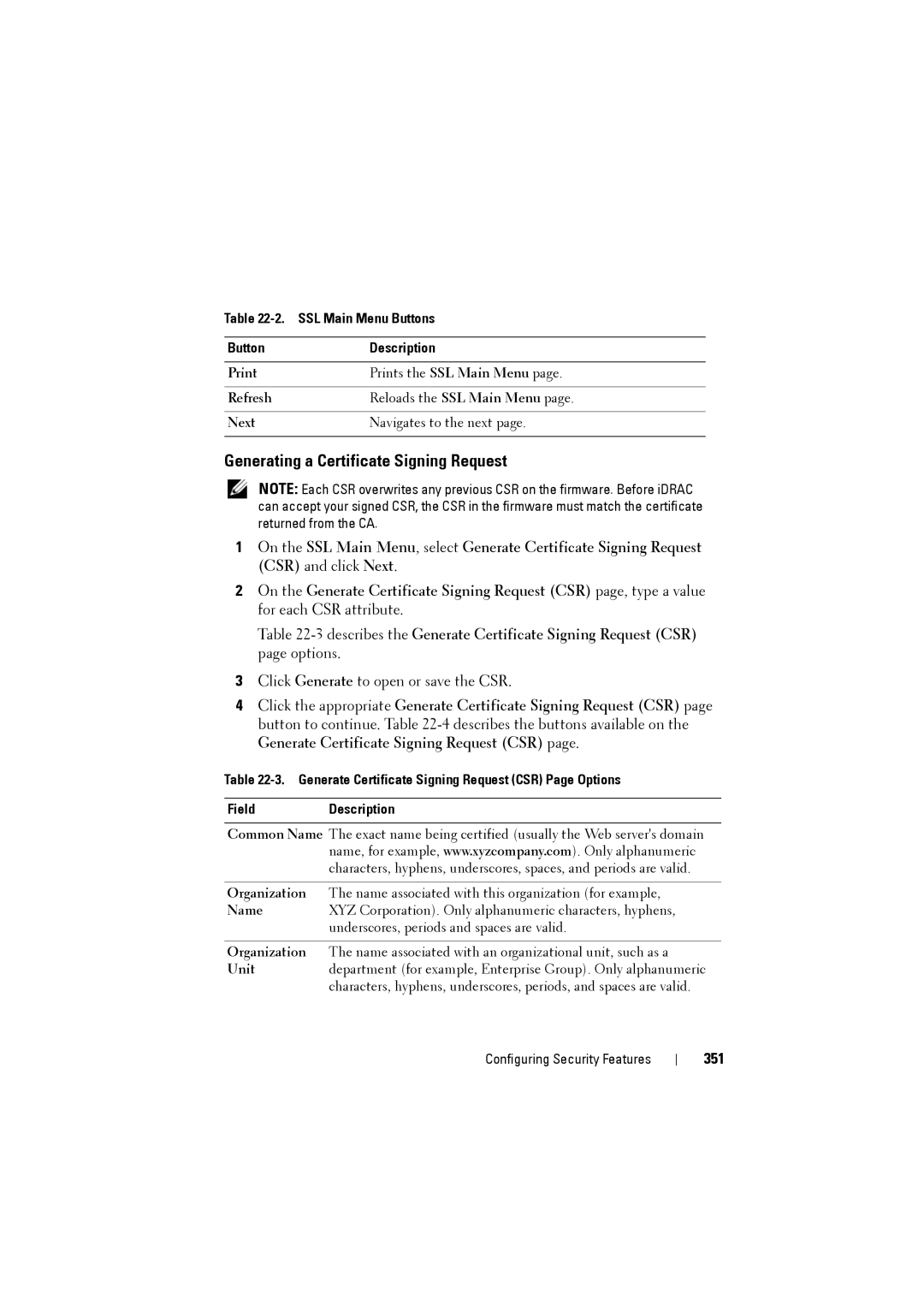 Dell IDRAC6 manual 351, SSL Main Menu Buttons Description 