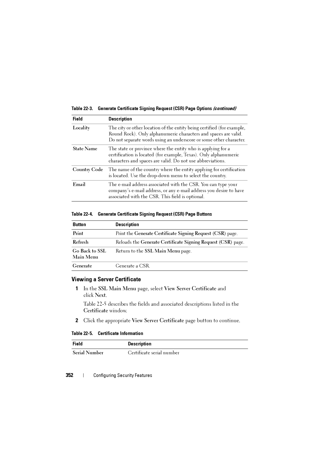 Dell IDRAC6 manual 352, Generate Certificate Signing Request CSR Page Buttons, Certificate Information Field Description 