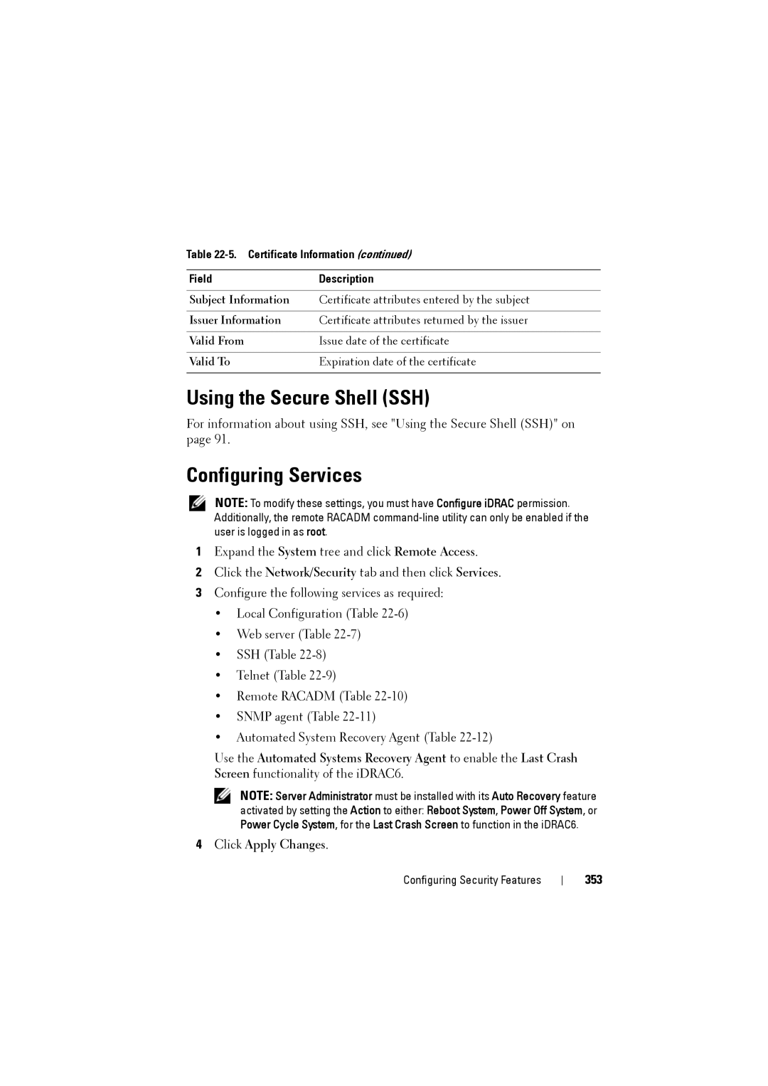 Dell IDRAC6 manual Using the Secure Shell SSH, Configuring Services, 353 