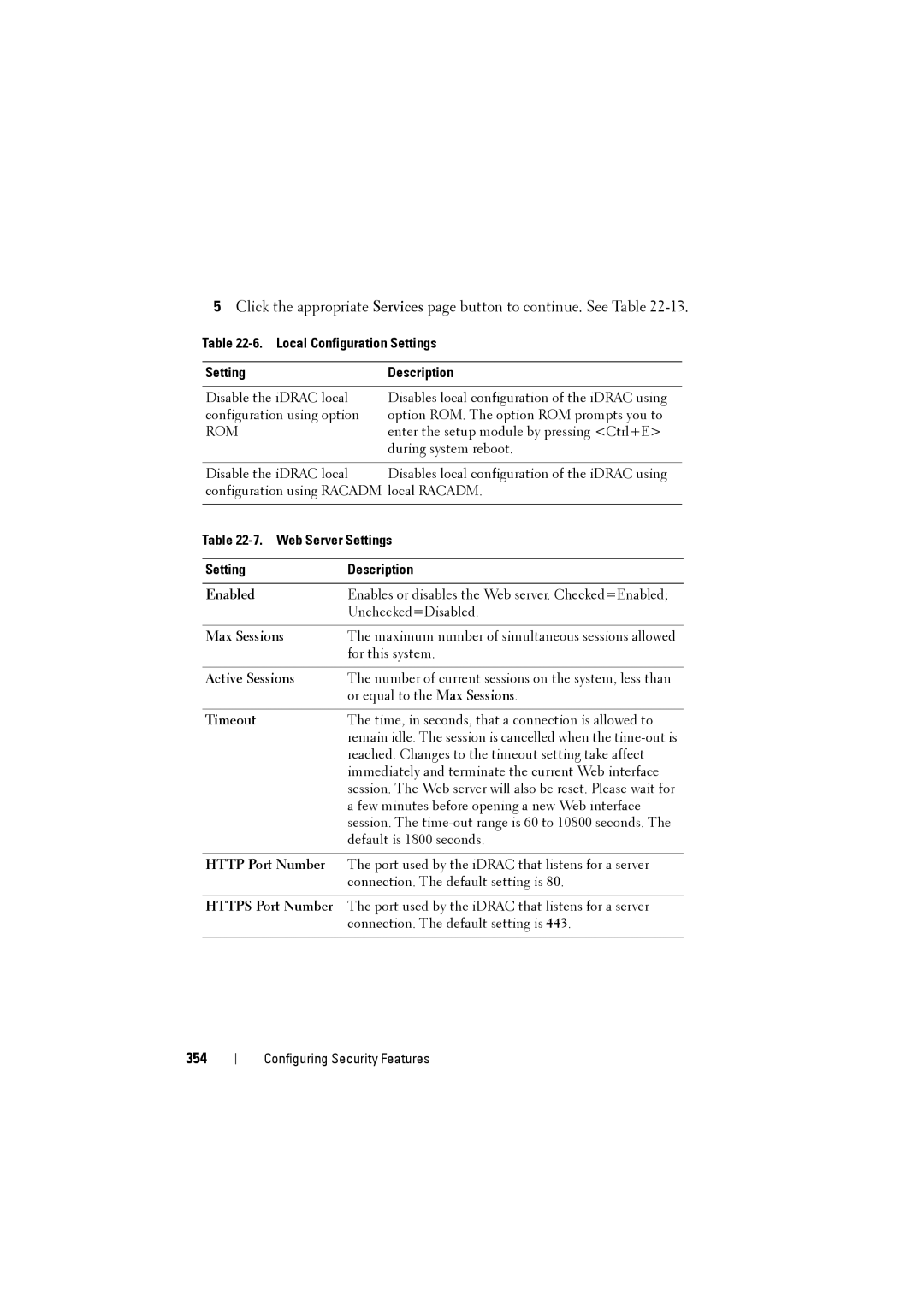 Dell IDRAC6 manual 354, Local Configuration Settings Description, Web Server Settings, Http Port Number, Https Port Number 