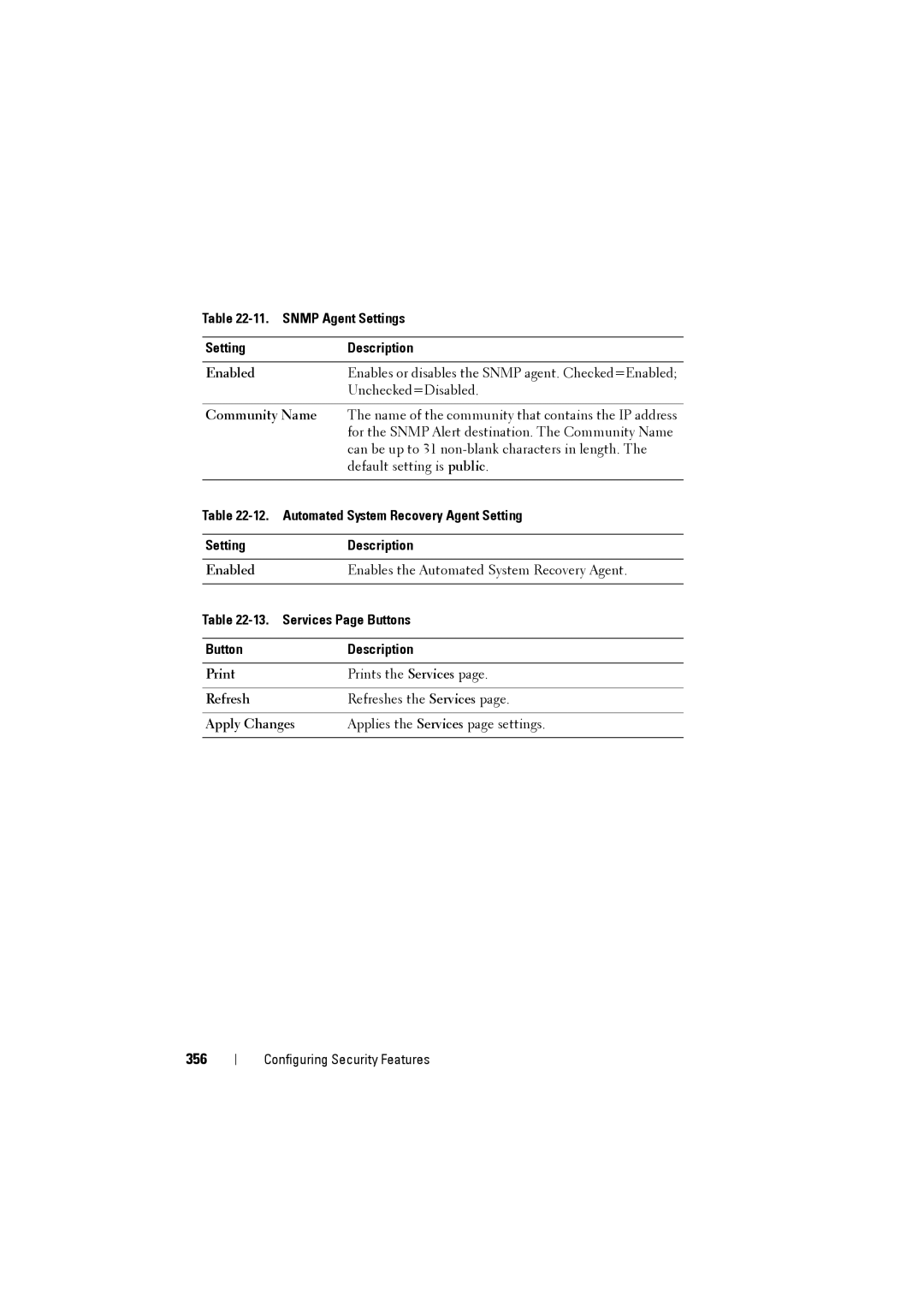 Dell IDRAC6 manual 356, Snmp Agent Settings Description, Automated System Recovery Agent Setting Description 