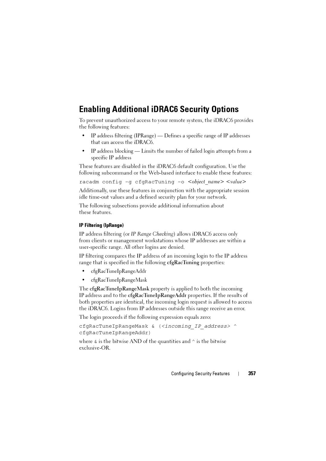 Dell IDRAC6 manual Enabling Additional iDRAC6 Security Options, IP Filtering IpRange, 357 