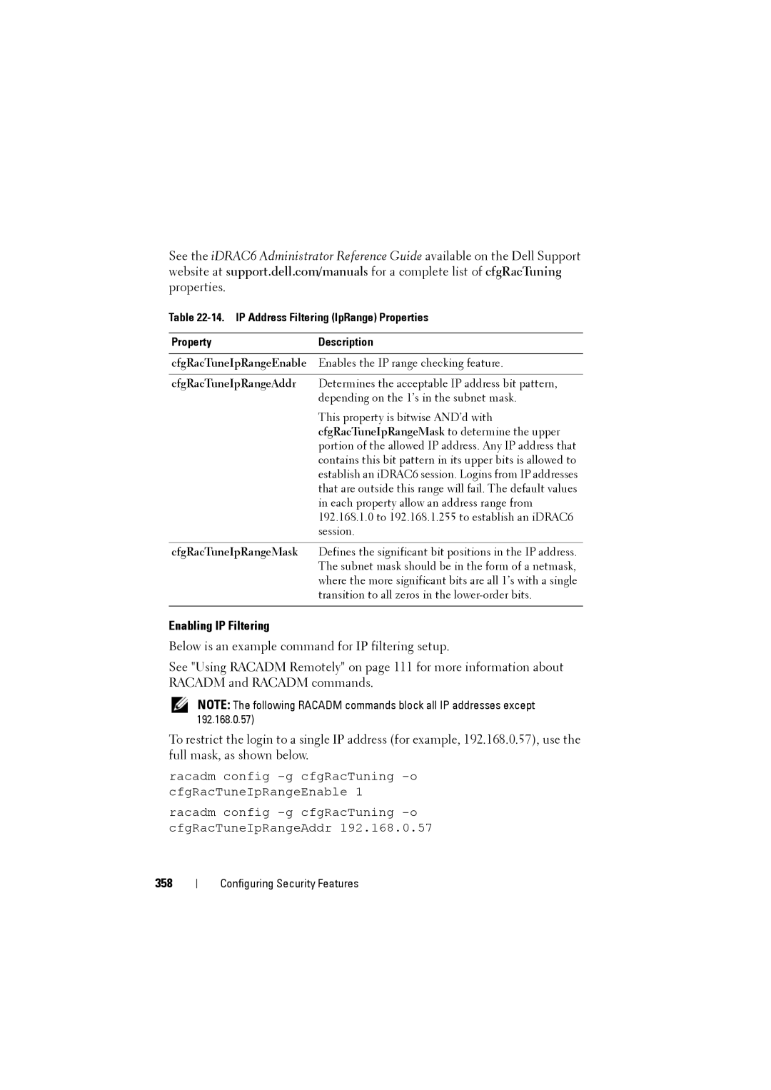 Dell IDRAC6 manual Enabling IP Filtering, 358 