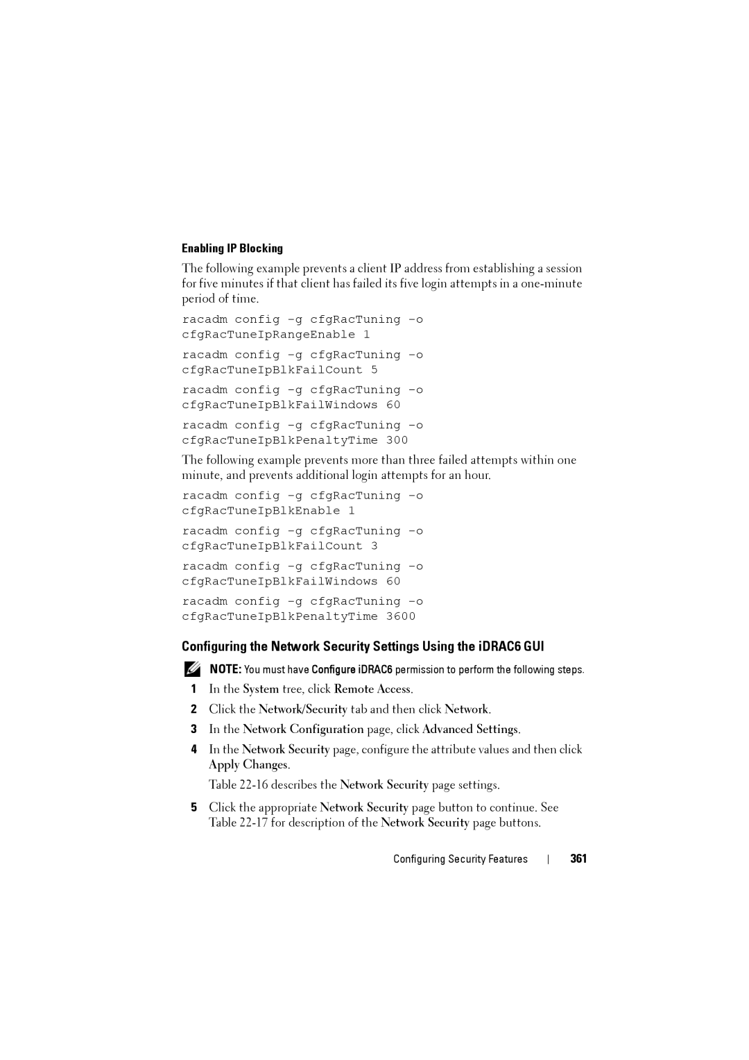 Dell IDRAC6 manual Enabling IP Blocking, Network Configuration page, click Advanced Settings, 361 