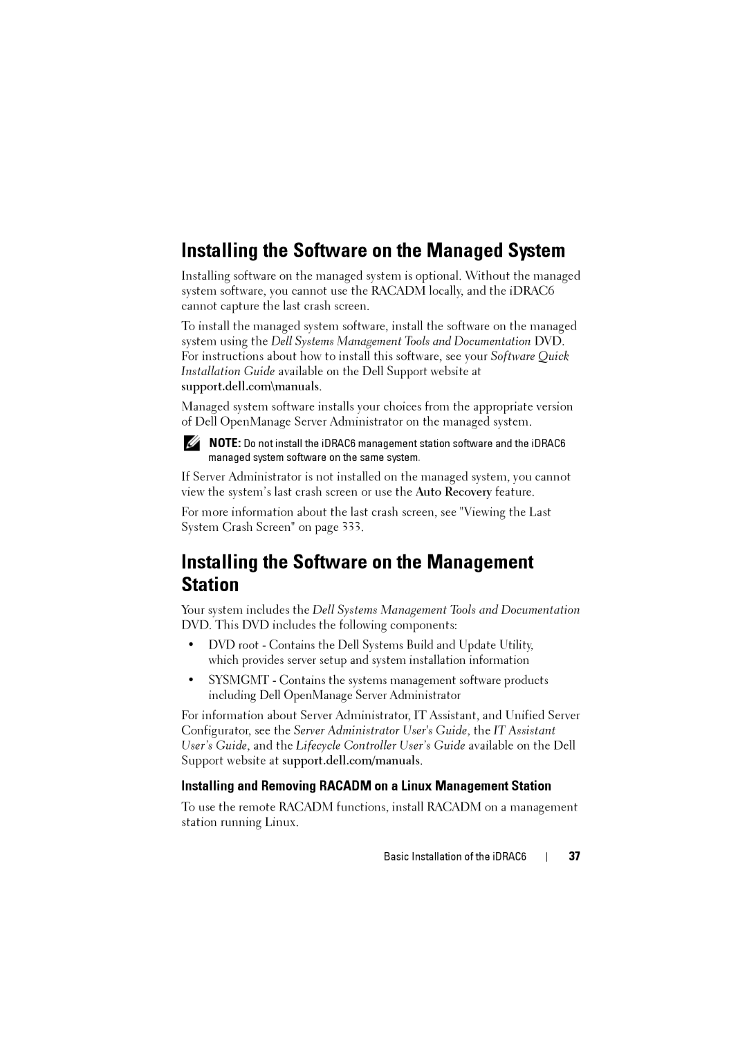 Dell IDRAC6 manual Installing the Software on the Managed System, Installing the Software on the Management Station 