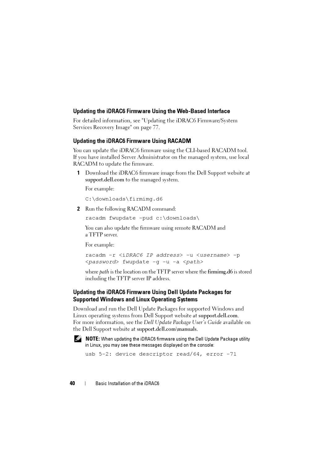 Dell IDRAC6 manual Updating the iDRAC6 Firmware Using the Web-Based Interface, Updating the iDRAC6 Firmware Using Racadm 