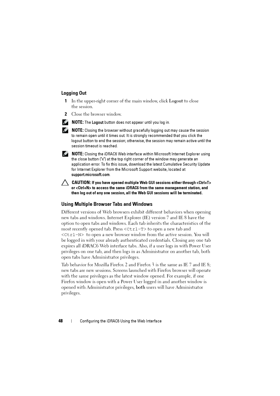Dell IDRAC6 manual Logging Out, Using Multiple Browser Tabs and Windows 