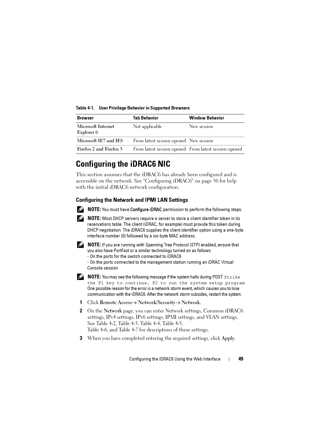 Dell IDRAC6 manual Configuring the iDRAC6 NIC, Configuring the Network and Ipmi LAN Settings 