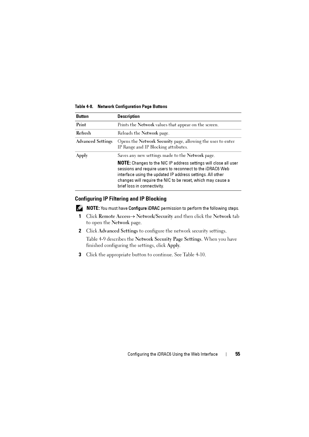 Dell IDRAC6 manual Configuring IP Filtering and IP Blocking, Network Configuration Page Buttons Description, Apply 