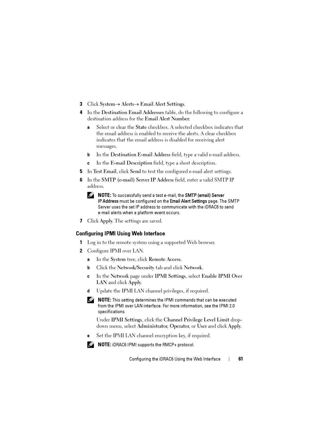 Dell IDRAC6 manual Configuring Ipmi Using Web Interface, Click System→ Alerts→ Email Alert Settings 