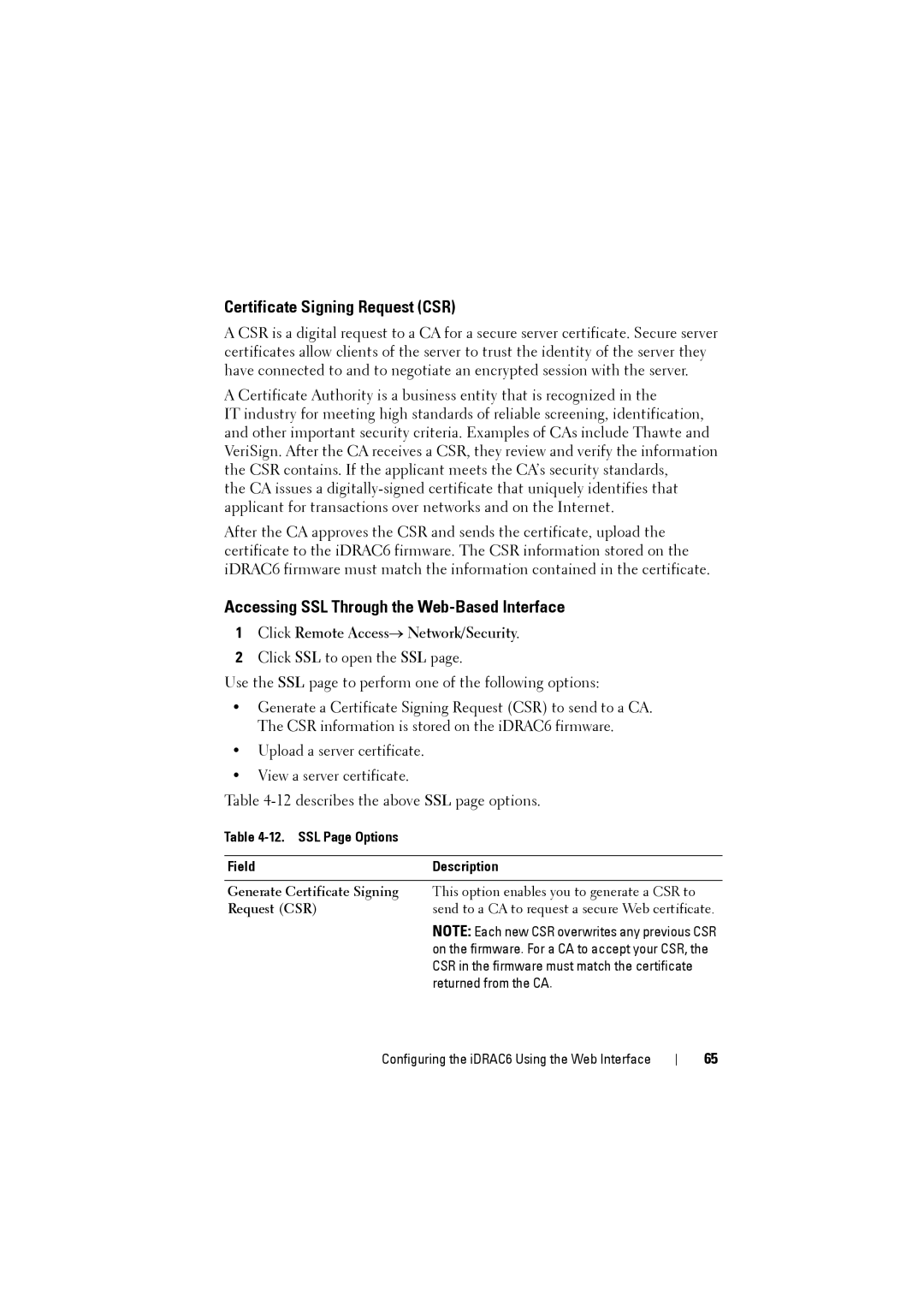 Dell IDRAC6 manual Certificate Signing Request CSR, Accessing SSL Through the Web-Based Interface 