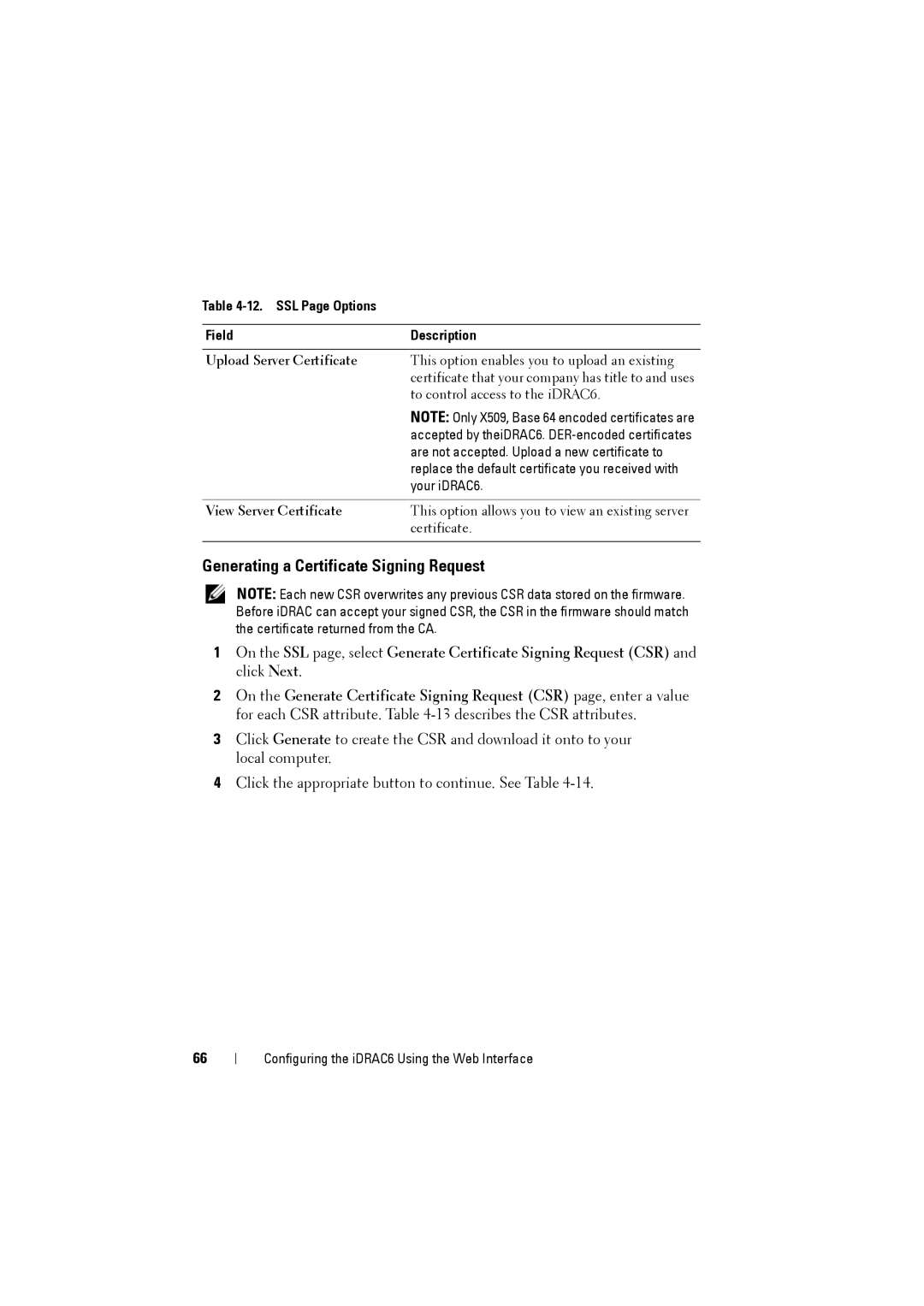 Dell IDRAC6 manual Generating a Certificate Signing Request, Upload Server Certificate, View Server Certificate 