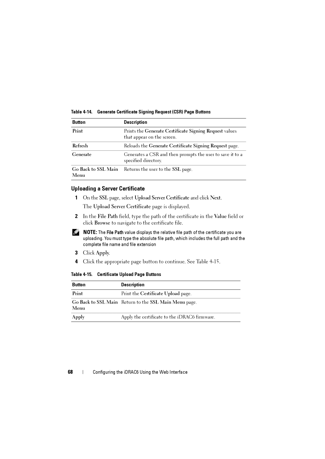 Dell IDRAC6 manual Uploading a Server Certificate, Refresh Reloads the Generate Certificate Signing Request, Menu 