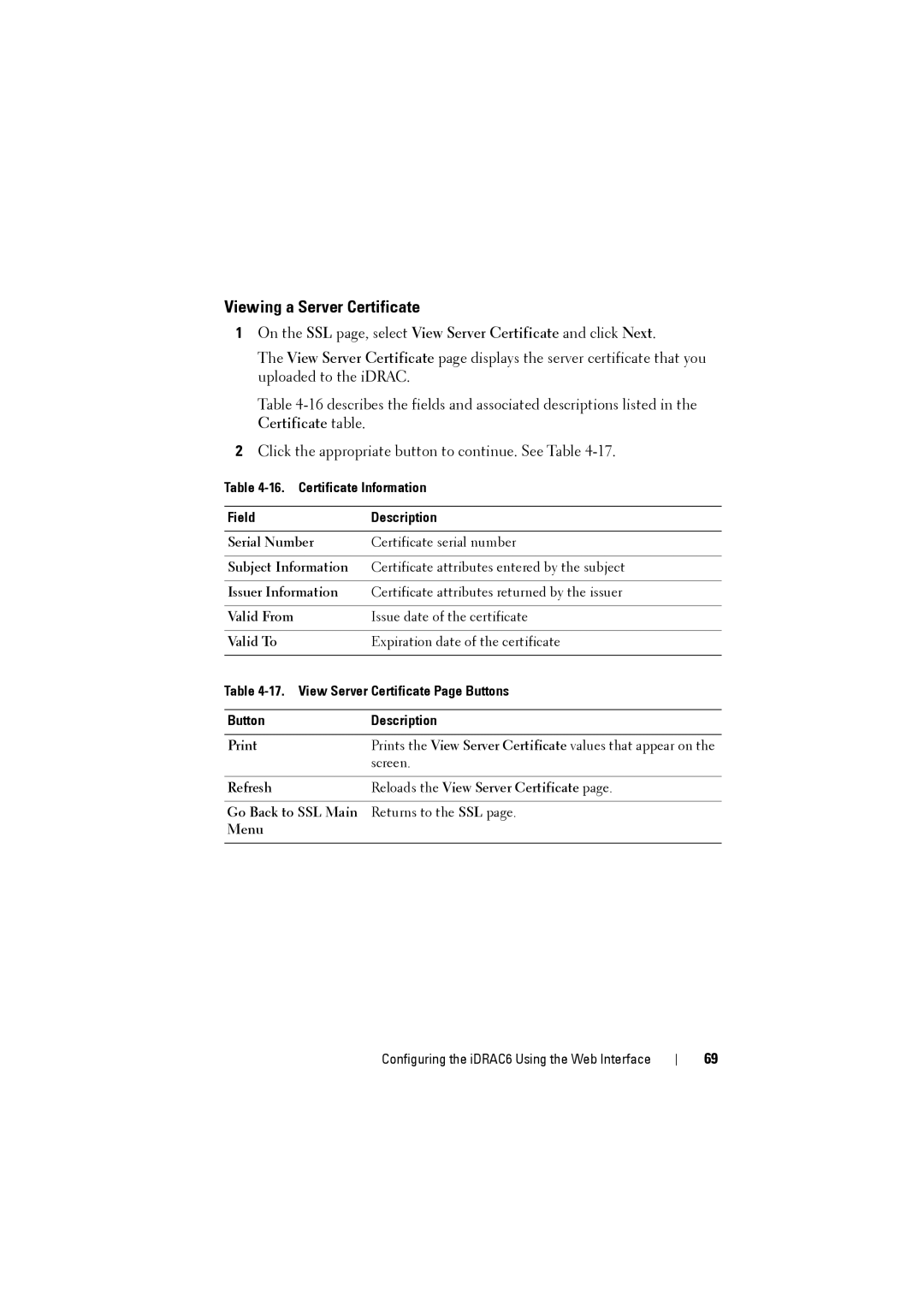 Dell IDRAC6 Viewing a Server Certificate, Certificate Information Field Description, View Server Certificate Page Buttons 