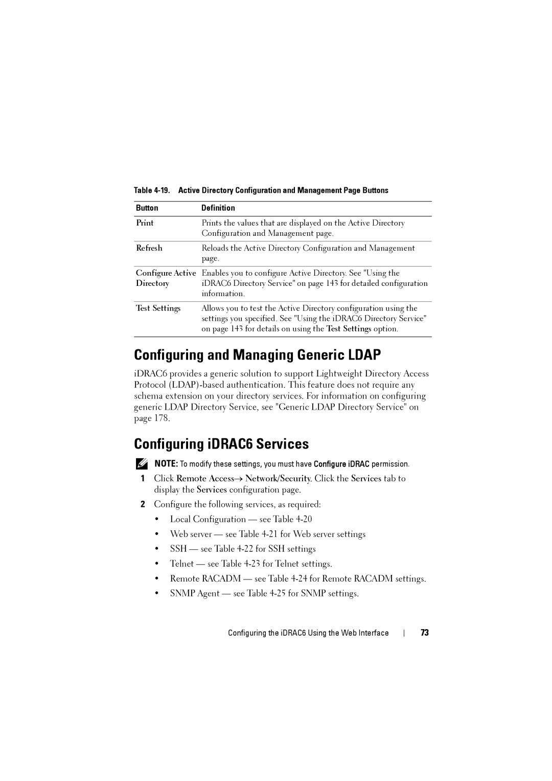 Dell IDRAC6 manual Configuring and Managing Generic Ldap, Configuring iDRAC6 Services, Print 