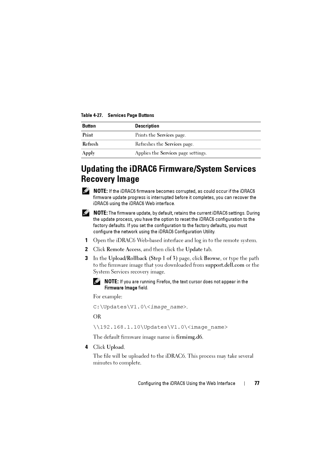 Dell IDRAC6 manual Updating the iDRAC6 Firmware/System Services Recovery Image, Services Page Buttons Description 