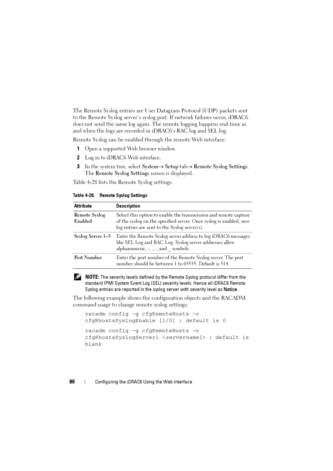 Dell IDRAC6 manual Remote Syslog Settings AttributeDescription 