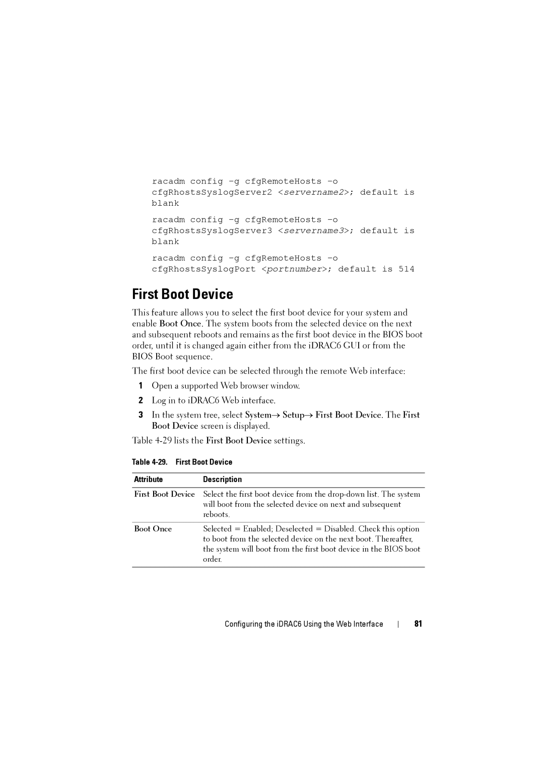 Dell IDRAC6 manual First Boot Device Attribute Description, Boot Once 