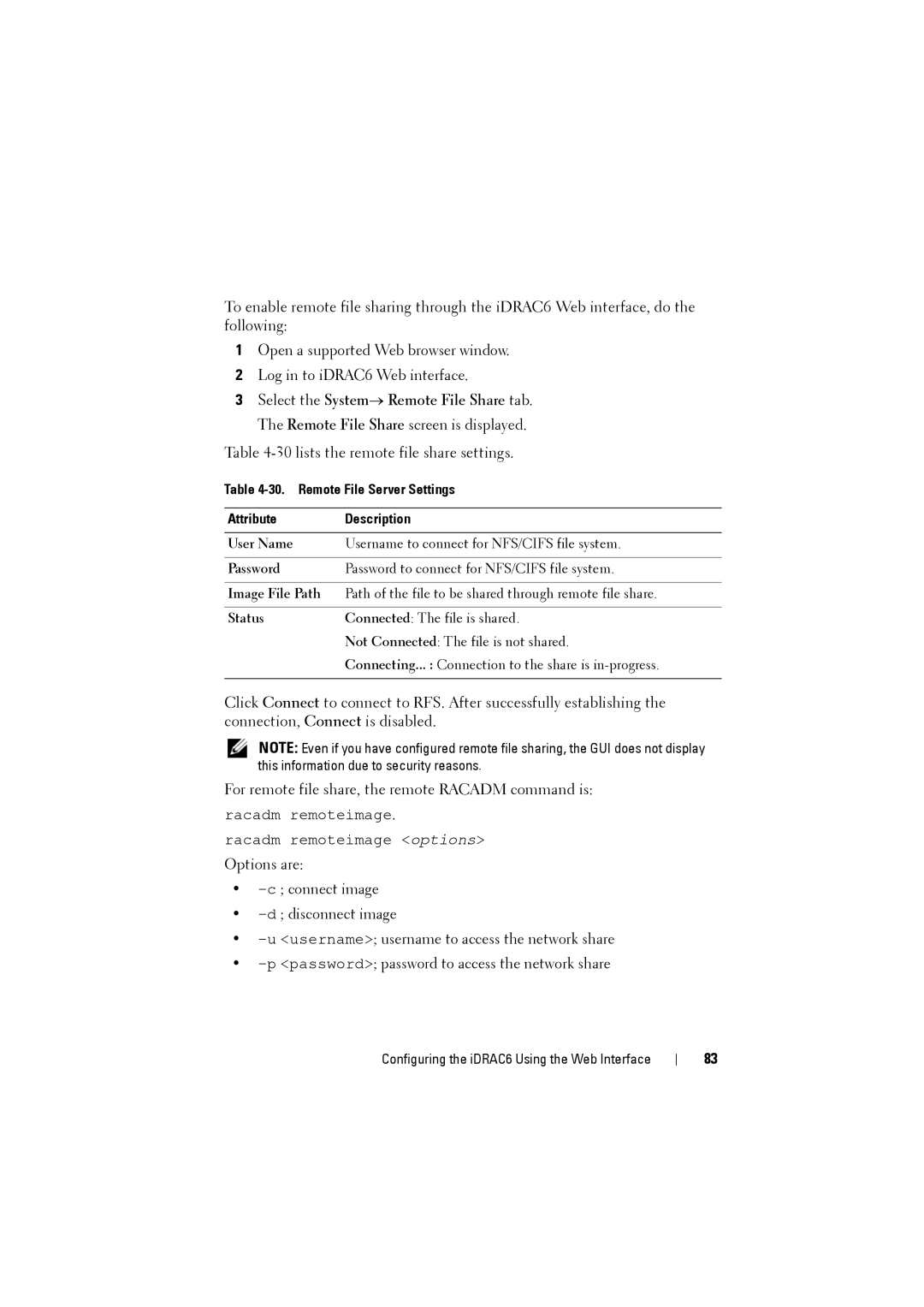 Dell IDRAC6 manual lists the remote file share settings, Remote File Server Settings Attribute Description 