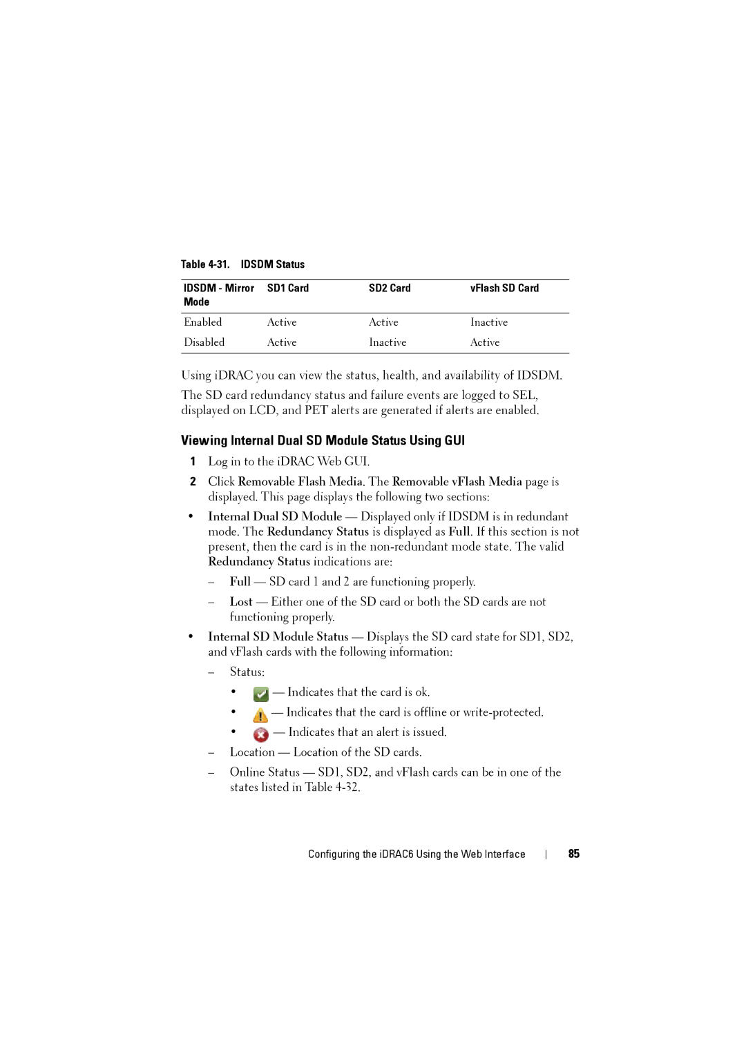 Dell IDRAC6 manual Viewing Internal Dual SD Module Status Using GUI 