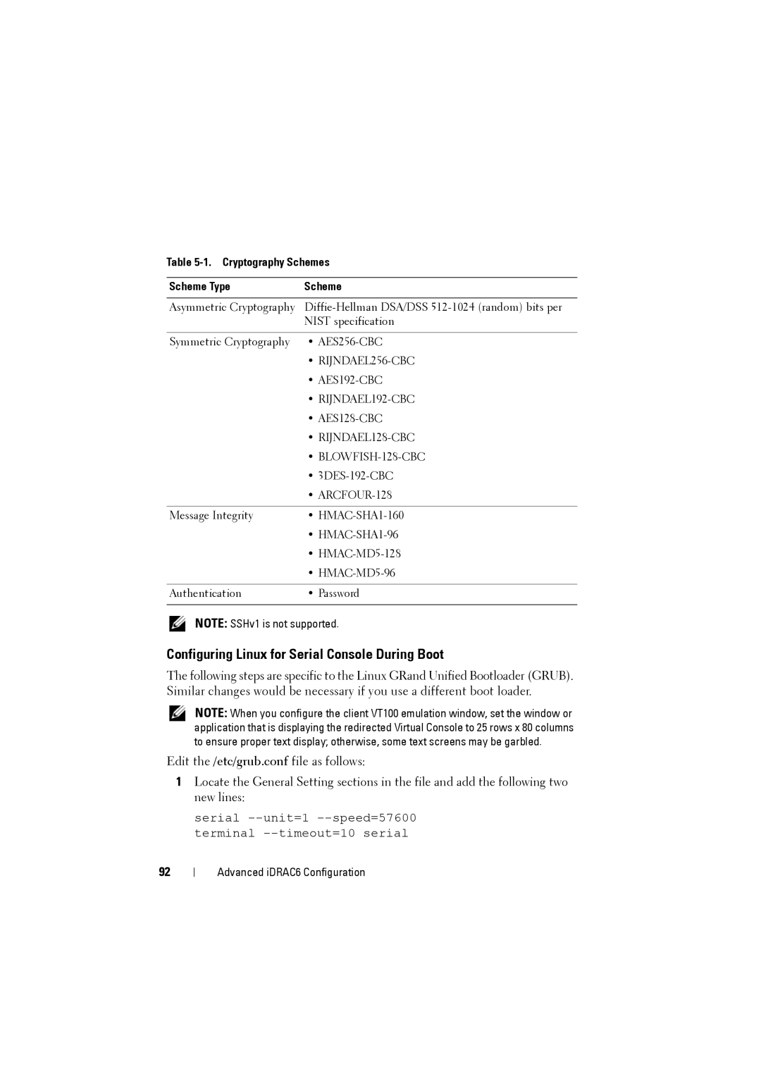 Dell IDRAC6 manual Configuring Linux for Serial Console During Boot, Cryptography Schemes Scheme Type 