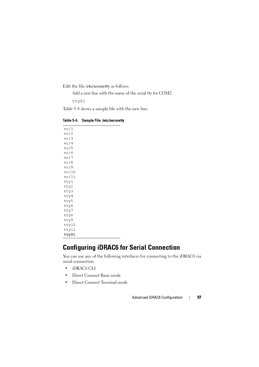 Dell IDRAC6 manual Configuring iDRAC6 for Serial Connection, Sample File /etc/securetty 