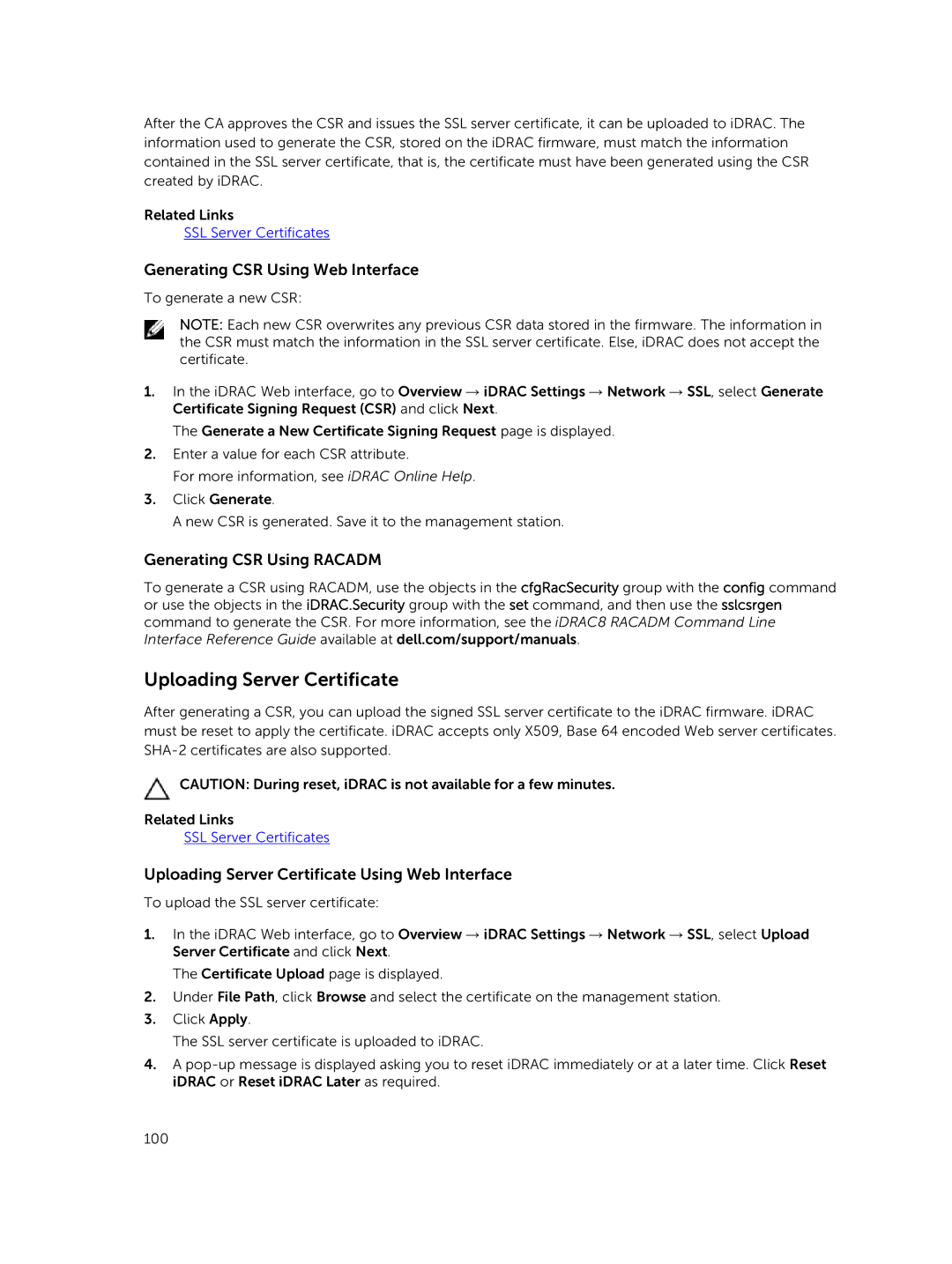 Dell iDRAC8 manual Uploading Server Certificate, Generating CSR Using Web Interface, Generating CSR Using Racadm 