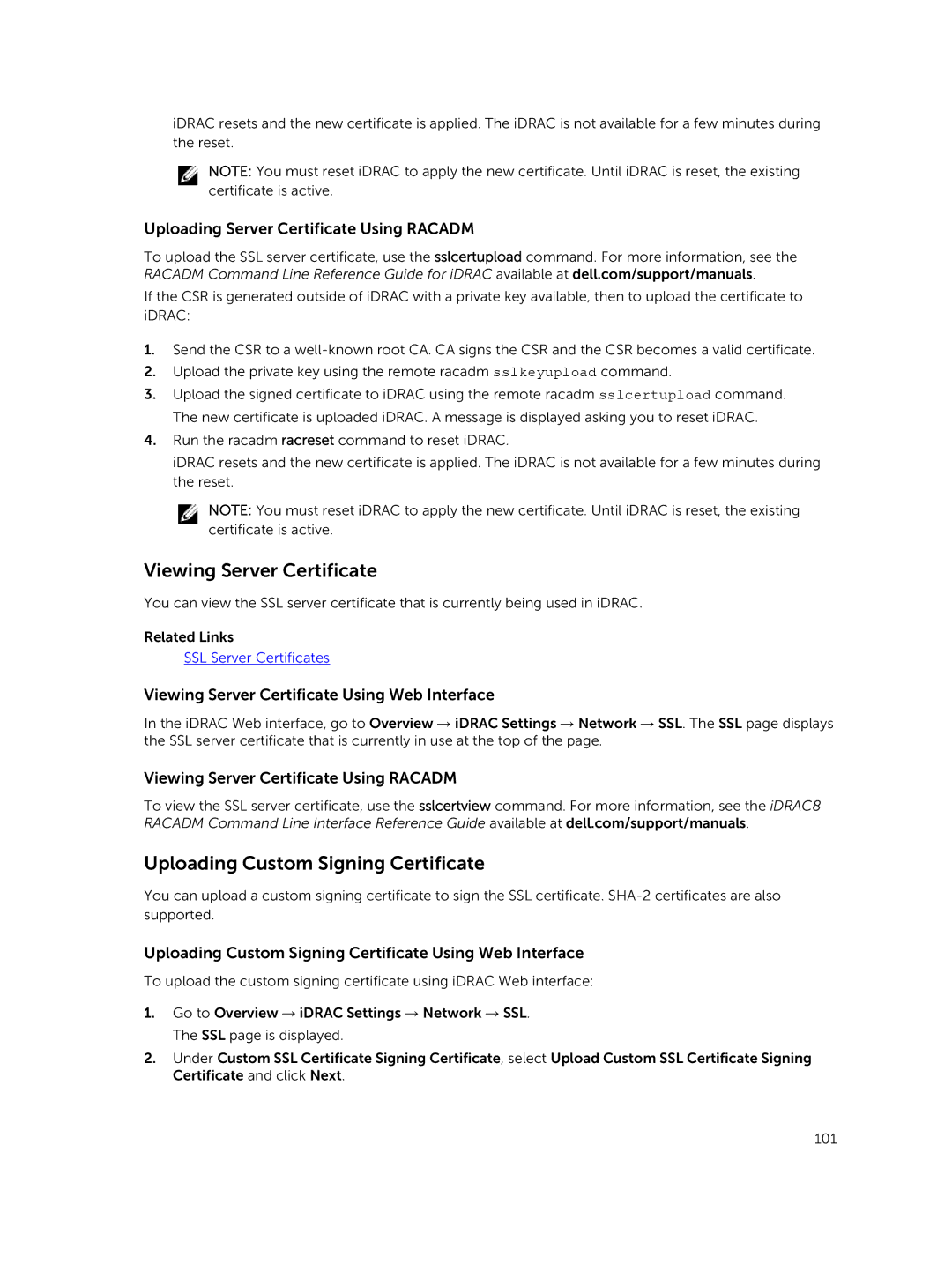 Dell iDRAC8 manual Viewing Server Certificate, Uploading Custom Signing Certificate 