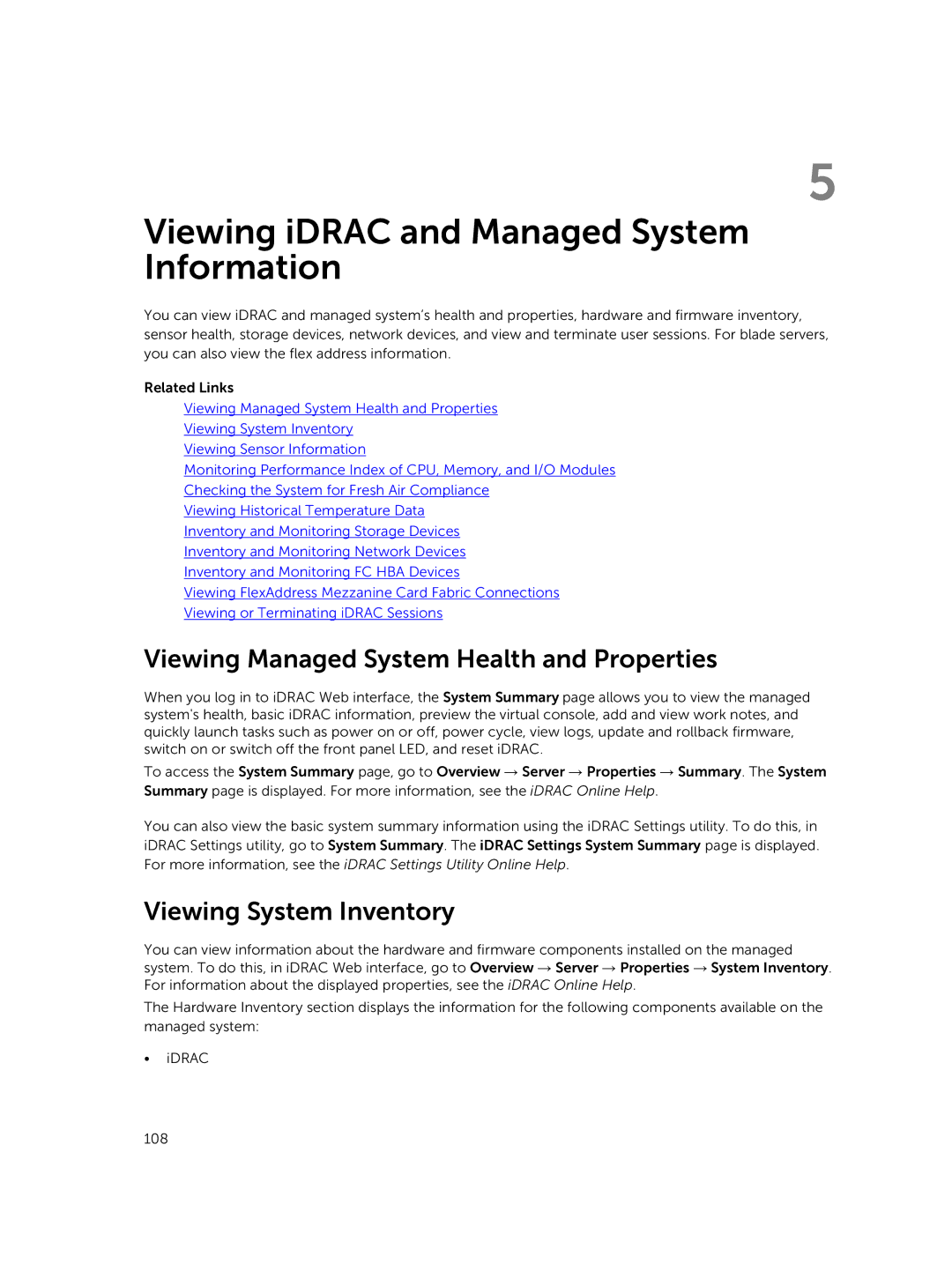 Dell iDRAC8 manual Viewing iDRAC and Managed System Information, Viewing Managed System Health and Properties 