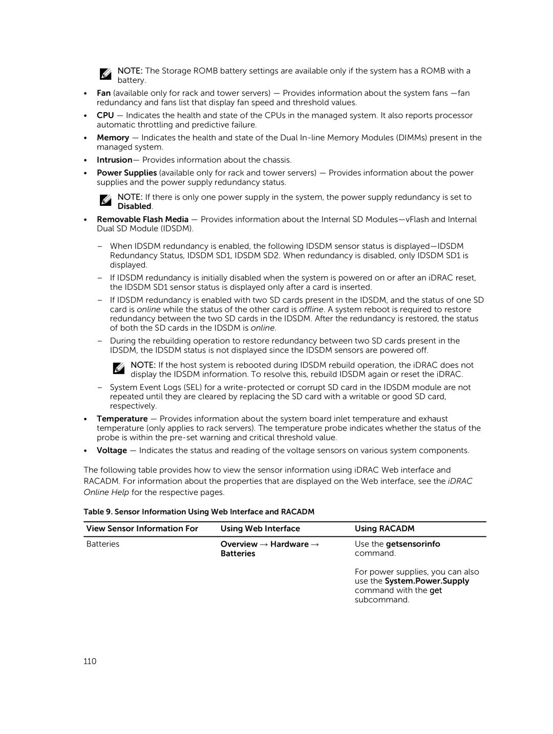 Dell iDRAC8 manual Sensor Information Using Web Interface and Racadm 