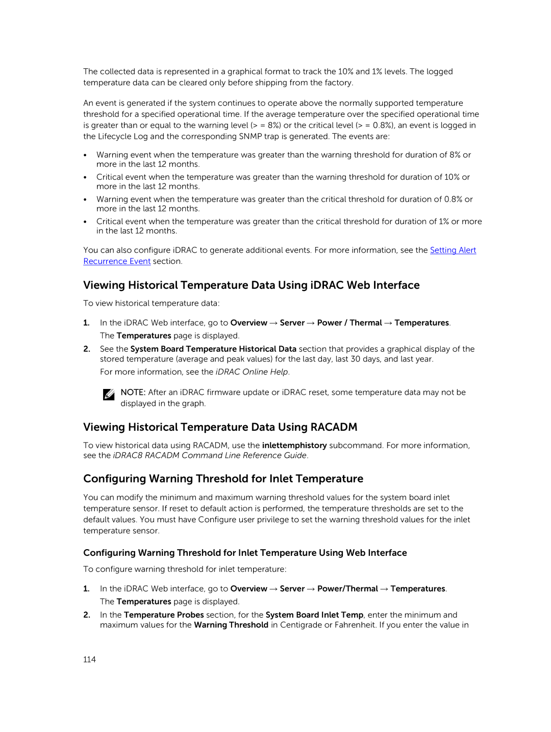 Dell iDRAC8 manual Viewing Historical Temperature Data Using Racadm, Configuring Warning Threshold for Inlet Temperature 