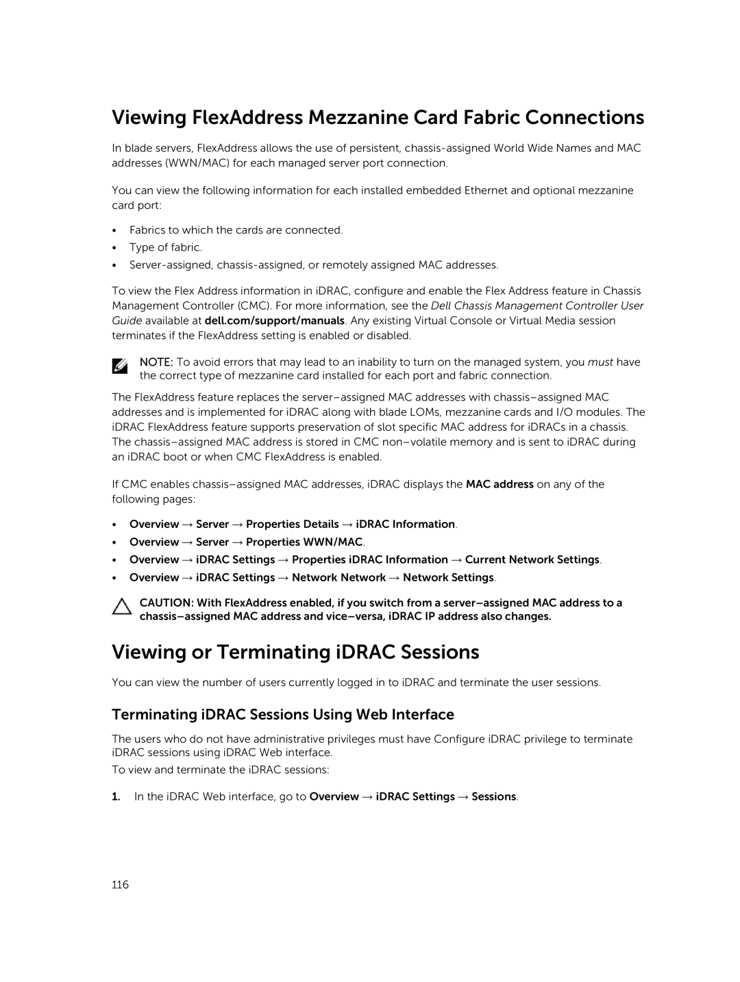 Dell iDRAC8 manual Viewing FlexAddress Mezzanine Card Fabric Connections, Viewing or Terminating iDRAC Sessions 