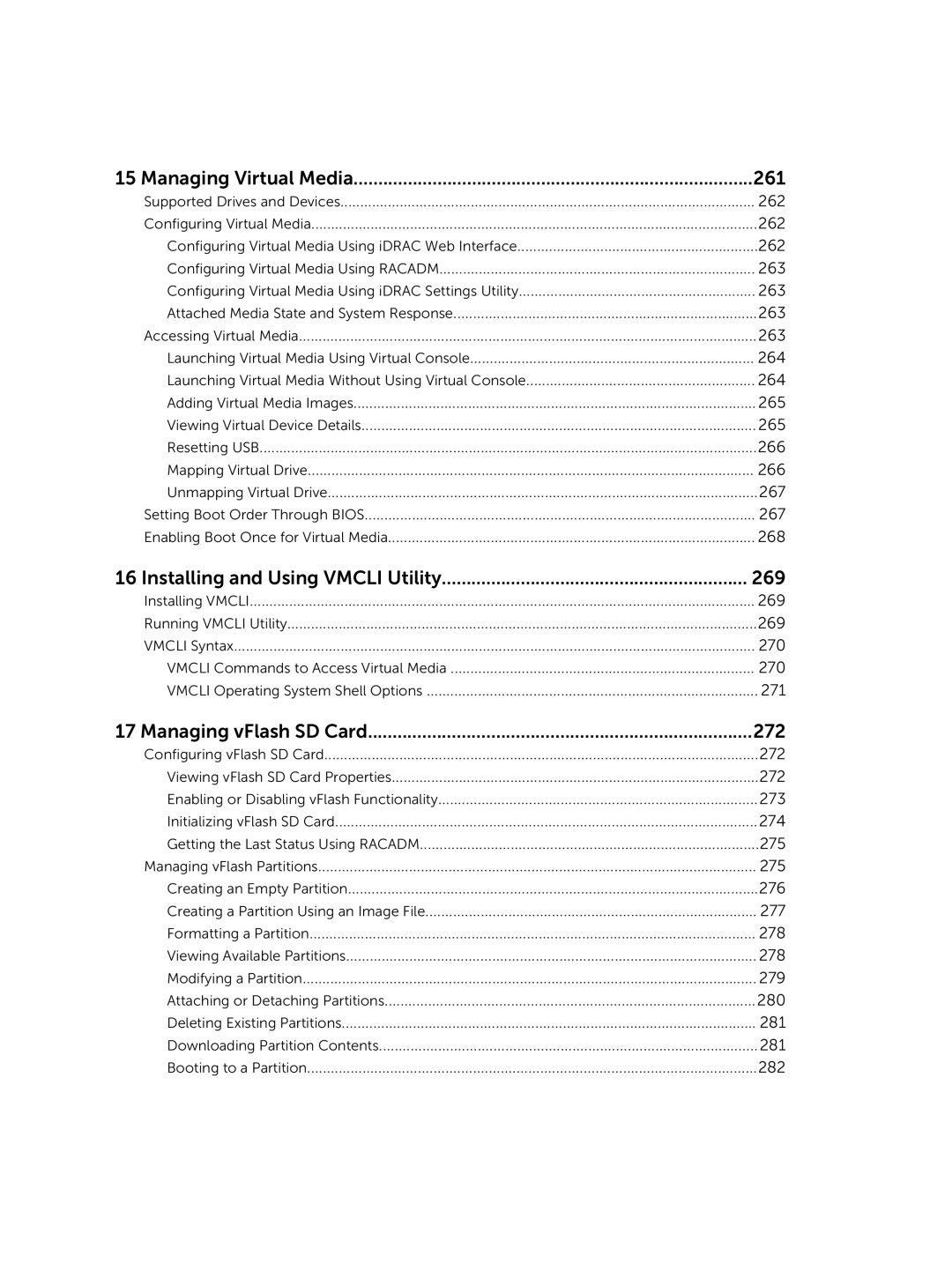 Dell iDRAC8 manual Managing Virtual Media 261, Installing and Using Vmcli Utility 269, Managing vFlash SD Card 272 