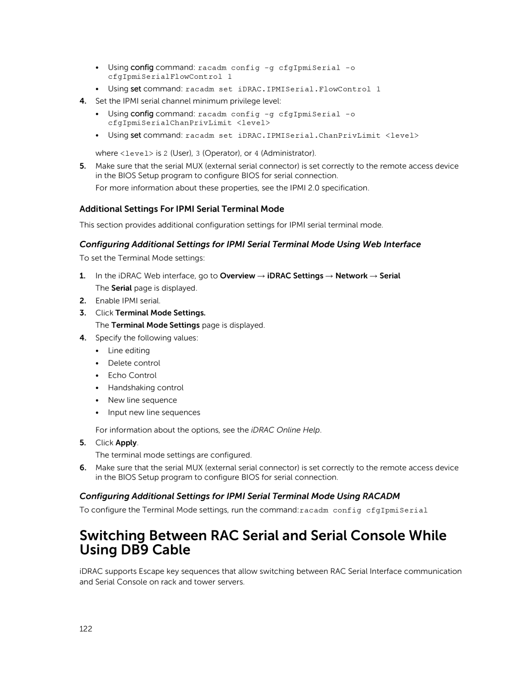 Dell iDRAC8 manual Additional Settings For Ipmi Serial Terminal Mode 