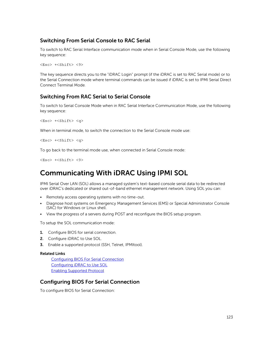 Dell iDRAC8 manual Communicating With iDRAC Using Ipmi SOL, Switching From Serial Console to RAC Serial, Esc +Shift q 