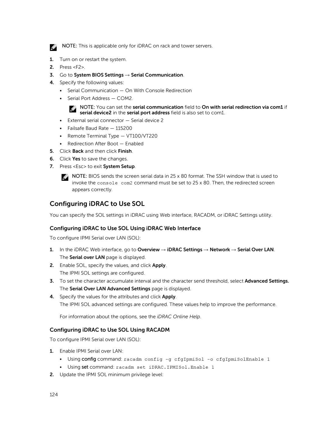 Dell iDRAC8 manual Configuring iDRAC to Use SOL Using iDRAC Web Interface, Configuring iDRAC to Use SOL Using Racadm 