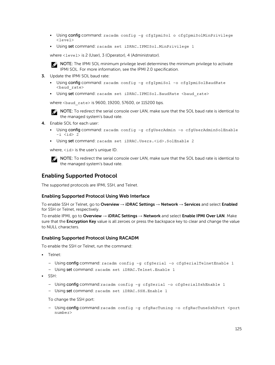 Dell iDRAC8 manual Enabling Supported Protocol Using Web Interface, Enabling Supported Protocol Using Racadm 