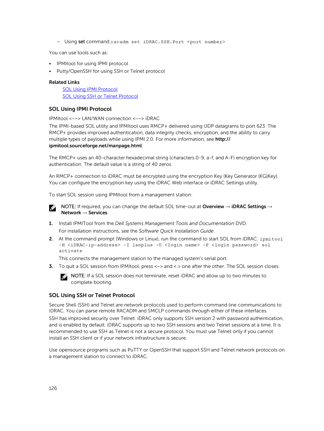 Dell iDRAC8 manual SOL Using Ipmi Protocol, SOL Using SSH or Telnet Protocol 