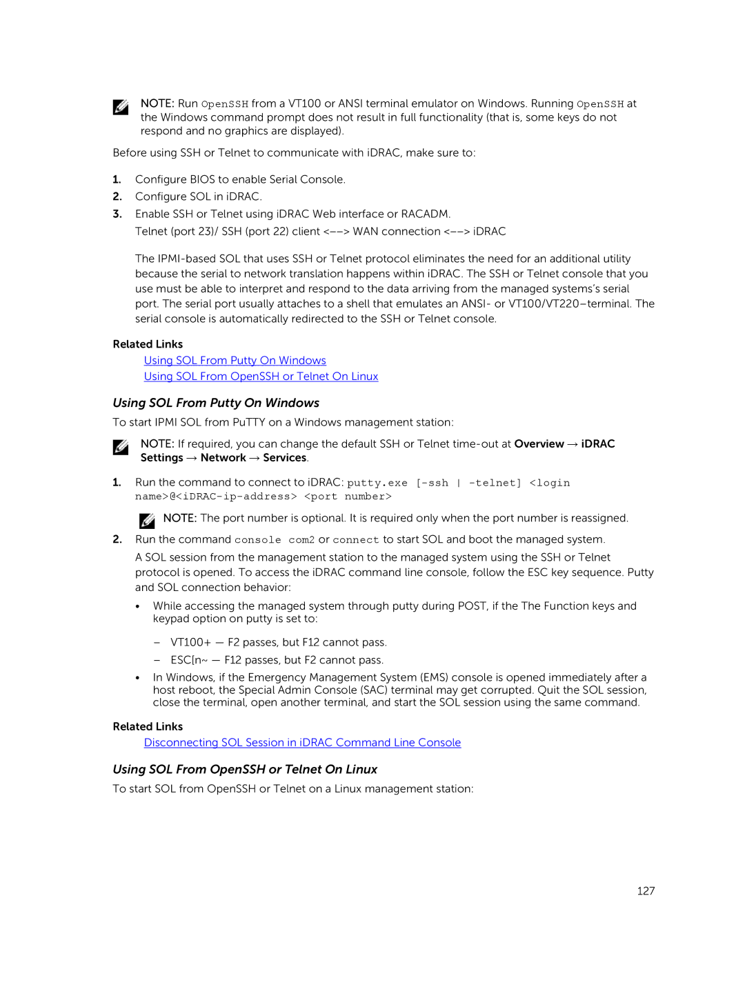 Dell iDRAC8 manual Using SOL From Putty On Windows 