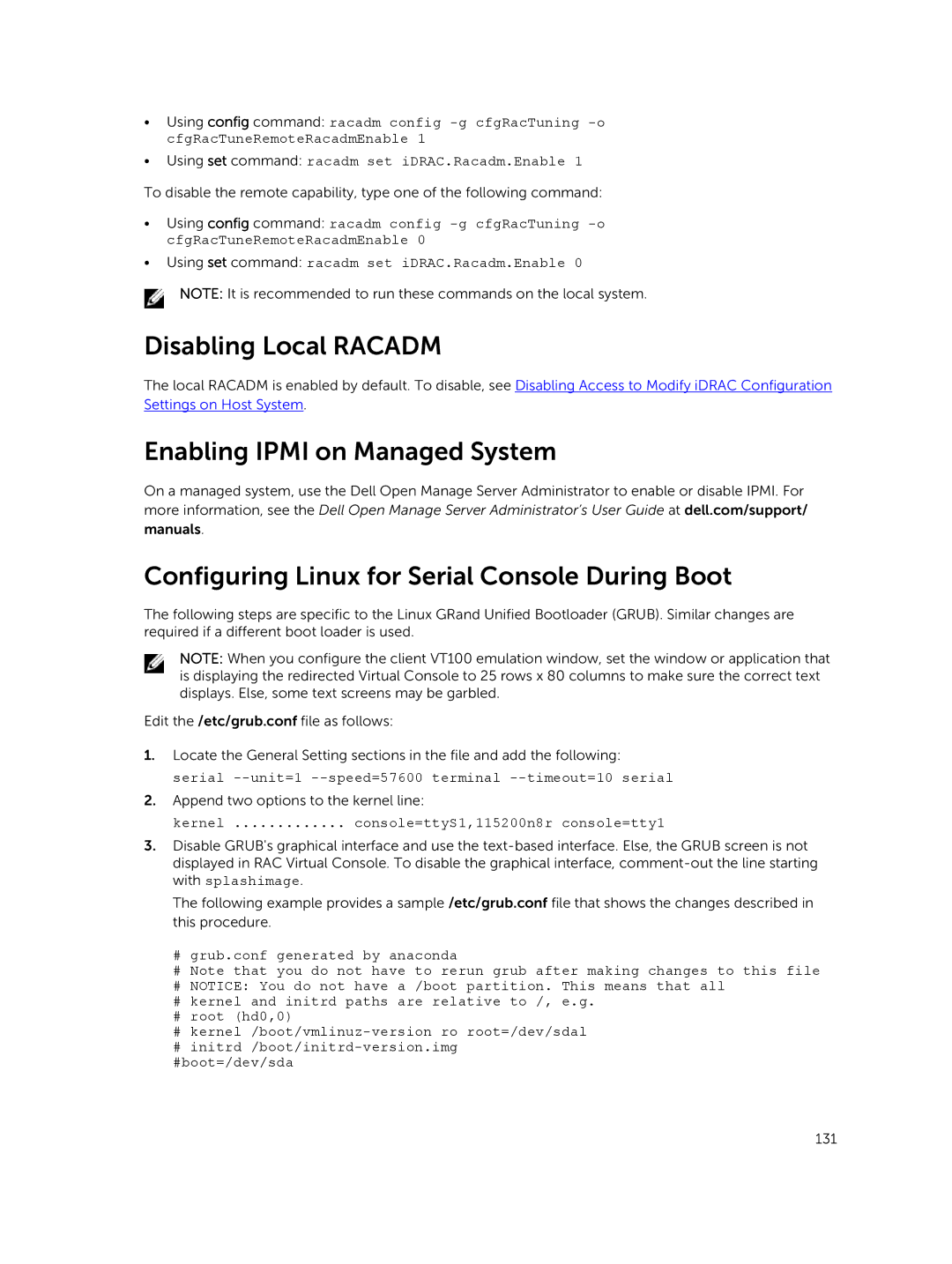 Dell iDRAC8 manual Disabling Local Racadm, Kernel ............. console=ttyS1,115200n8r console=tty1 