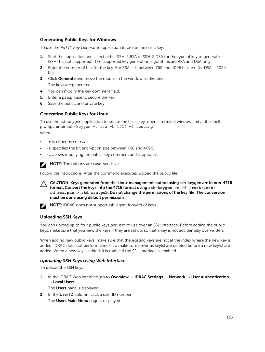 Dell iDRAC8 manual Generating Public Keys for Windows, Generating Public Keys for Linux, Uploading SSH Keys 