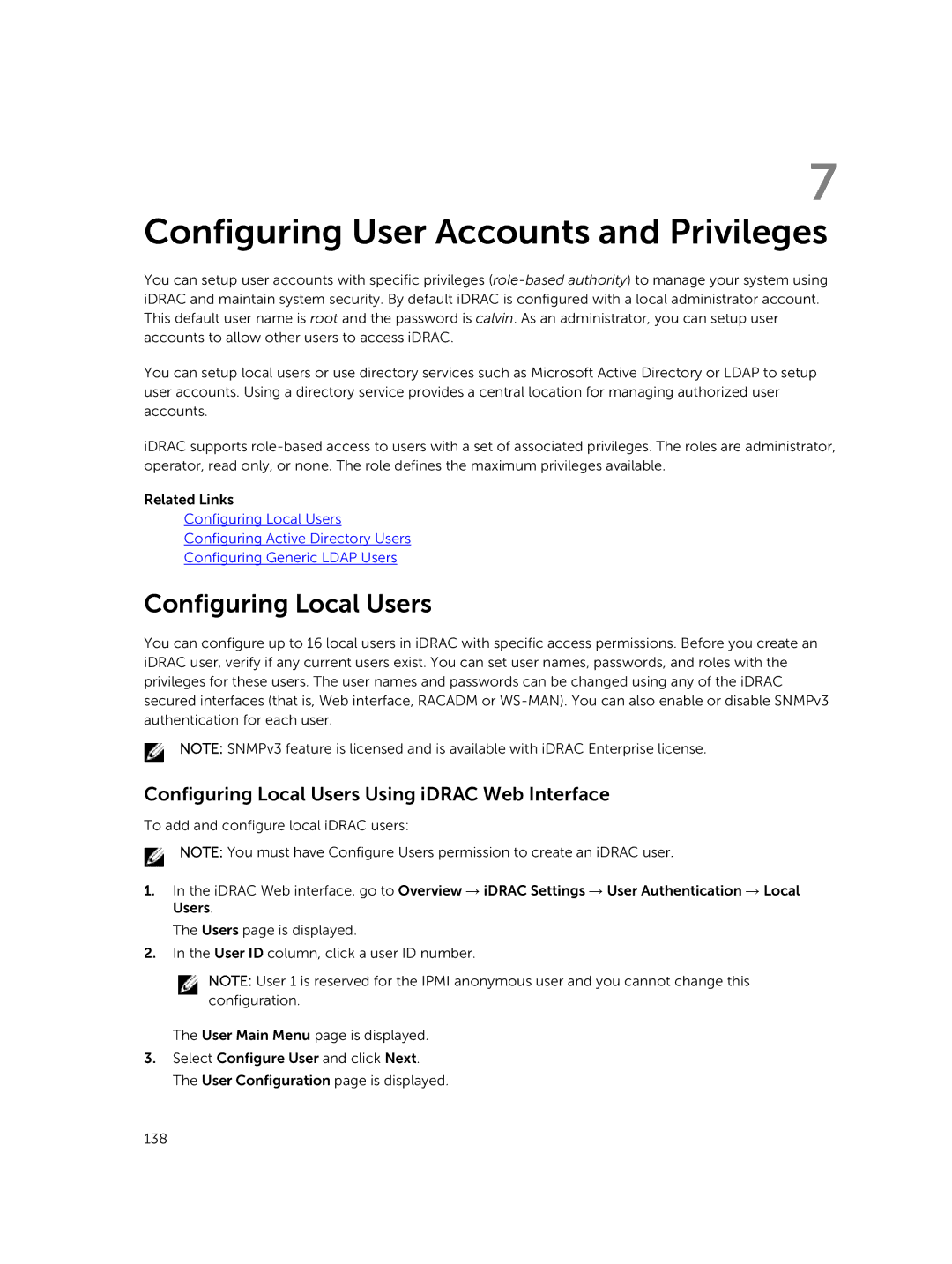 Dell iDRAC8 manual Configuring User Accounts and Privileges, Configuring Local Users 