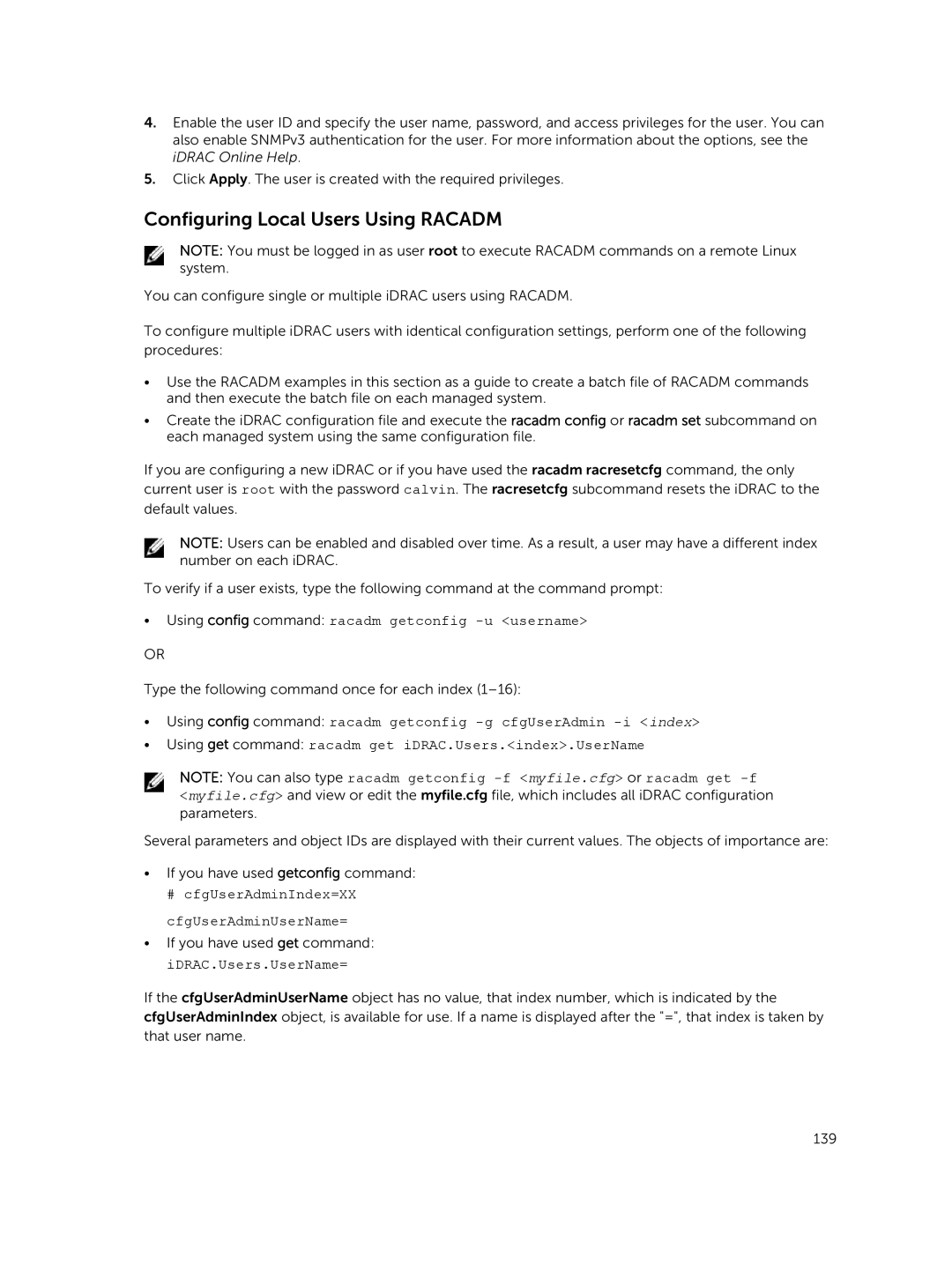 Dell iDRAC8 manual Configuring Local Users Using Racadm, Using config command racadm getconfig -u username 