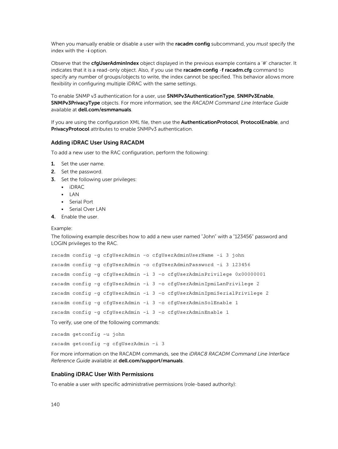 Dell iDRAC8 manual Adding iDRAC User Using Racadm, Enabling iDRAC User With Permissions 