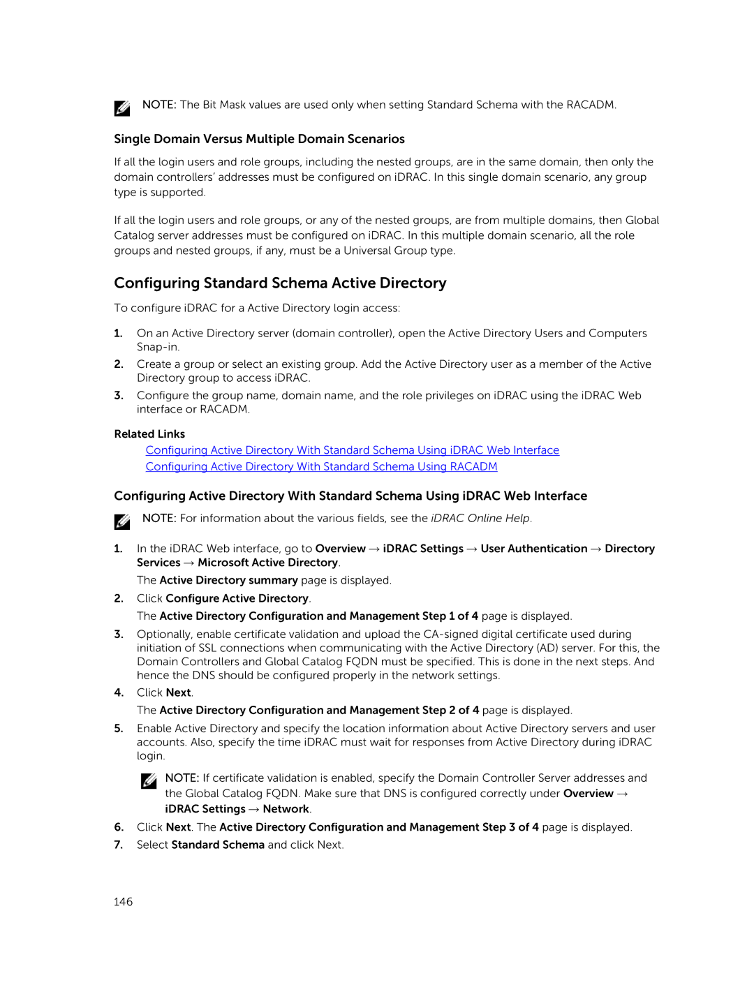 Dell iDRAC8 manual Configuring Standard Schema Active Directory, Single Domain Versus Multiple Domain Scenarios 