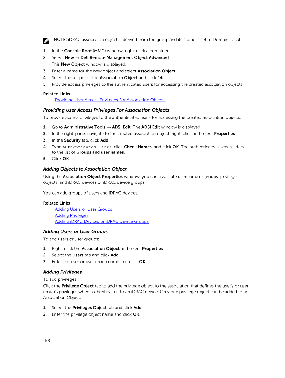 Dell iDRAC8 manual Providing User Access Privileges For Association Objects 