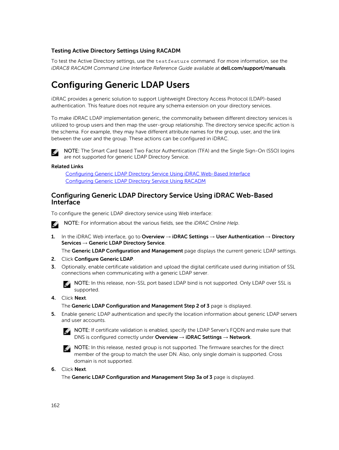 Dell iDRAC8 manual Configuring Generic Ldap Users, Testing Active Directory Settings Using Racadm 