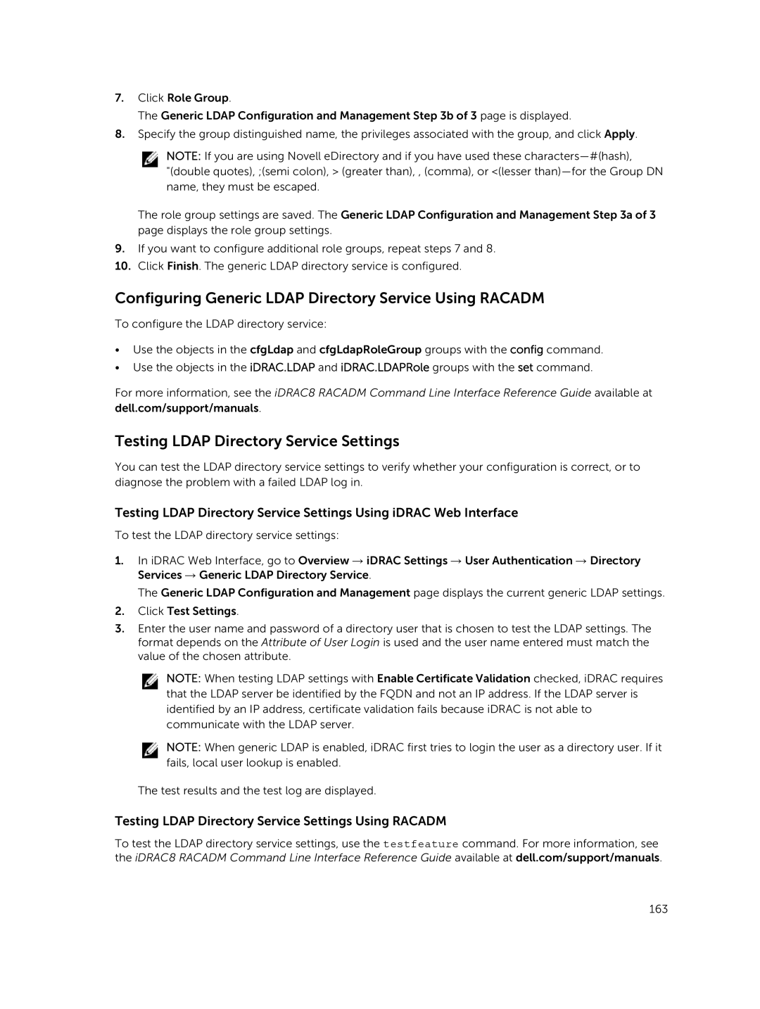 Dell iDRAC8 manual Configuring Generic Ldap Directory Service Using Racadm, Testing Ldap Directory Service Settings 