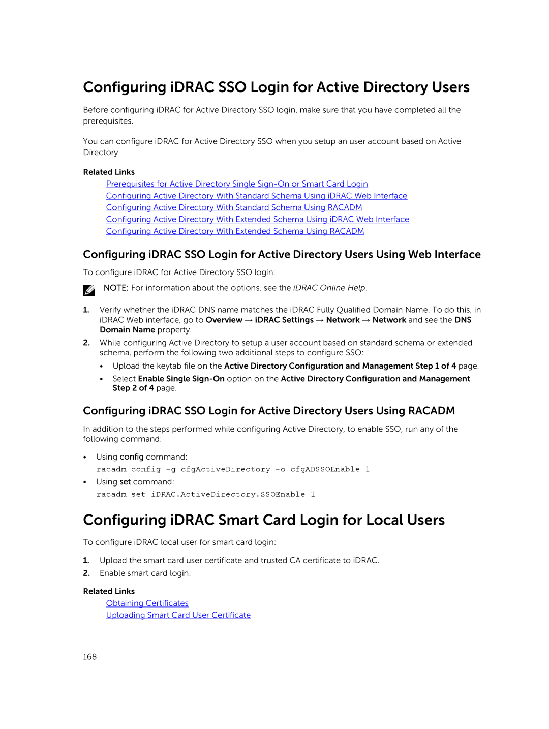 Dell iDRAC8 Configuring iDRAC SSO Login for Active Directory Users, Configuring iDRAC Smart Card Login for Local Users 