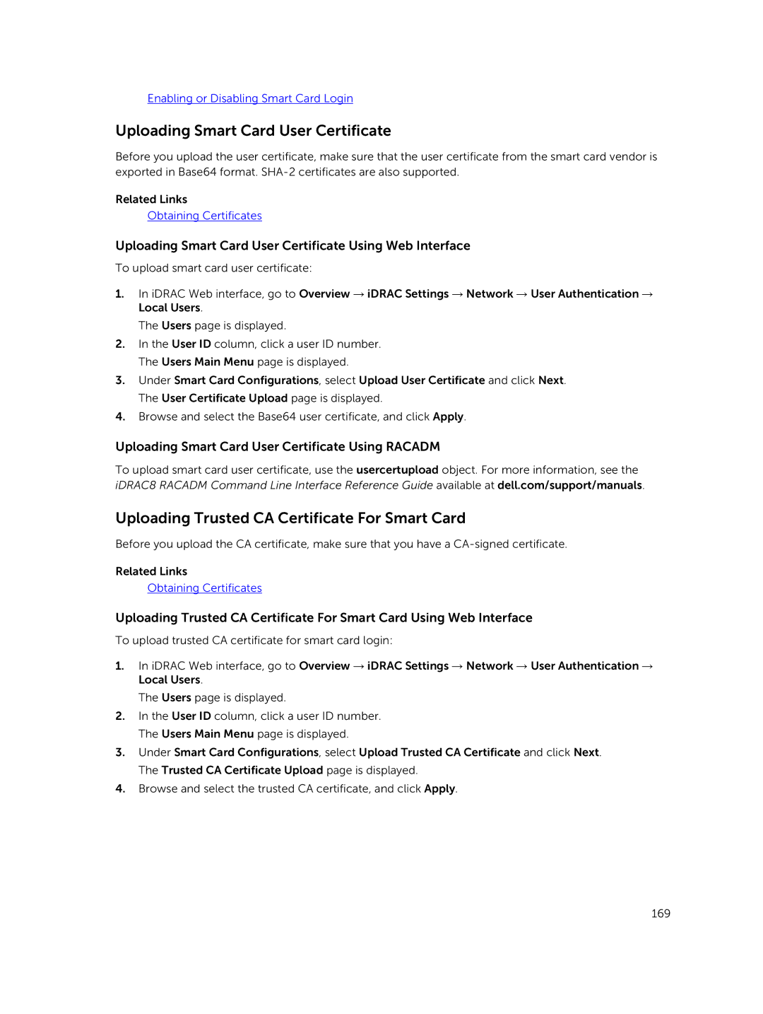 Dell iDRAC8 manual Uploading Smart Card User Certificate, Uploading Trusted CA Certificate For Smart Card 